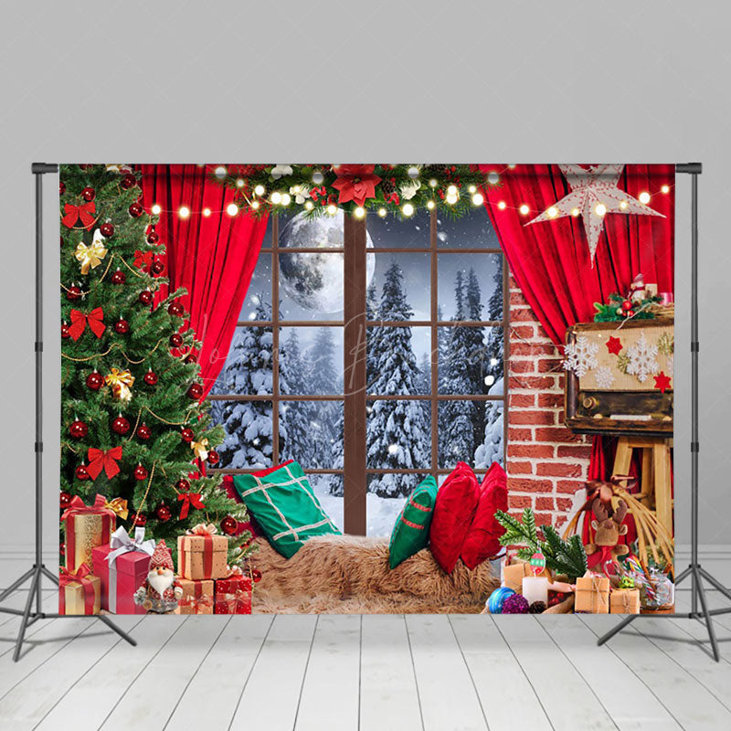 Lofaris Snowy Night Scene Festive Red Christmas Backdrop