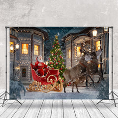 Lofaris Snowy Night Town Scene Santa Elk Christmas Backdrop