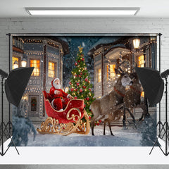 Lofaris Snowy Night Town Scene Santa Elk Christmas Backdrop