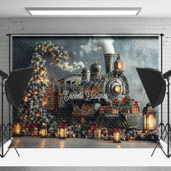 Lofaris Snowy Night Train Xmas Trees Christmas Backdrop