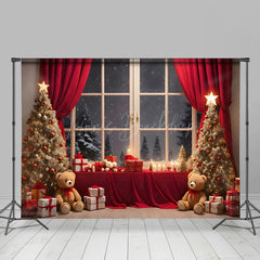 Lofaris Snowy Night Window Scene Bears Christmas Backdrop