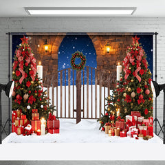 Lofaris Snowy Night Wooden Gate Tree Christmas Vibe Backdrop