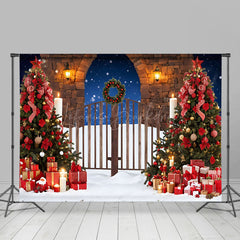 Lofaris Snowy Night Wooden Gate Tree Christmas Vibe Backdrop