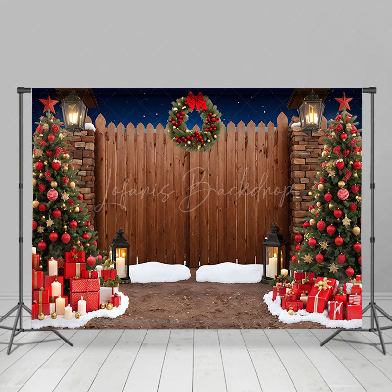 Lofaris Snowy Night Wooden Gate Tree Gift Christmas Backdrop