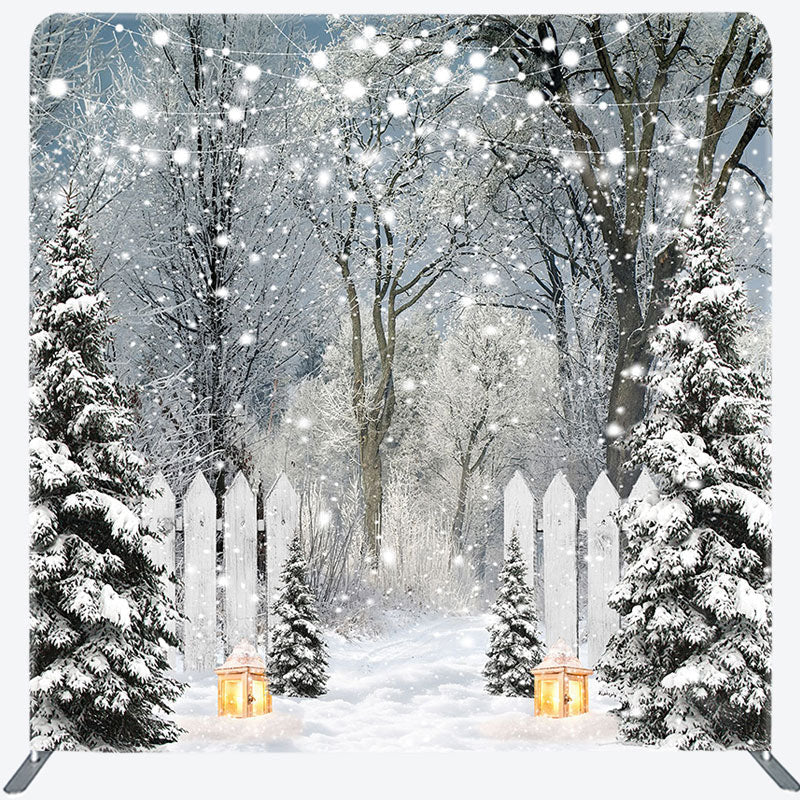 Lofaris Snowy Pine Forest Lights Tension Fabric Backdrop