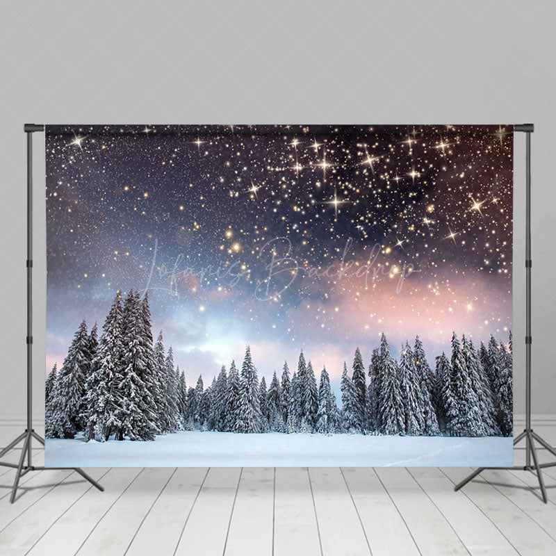 Lofaris Snowy Pine Forest Starry Sky Winter Photo Backdrop