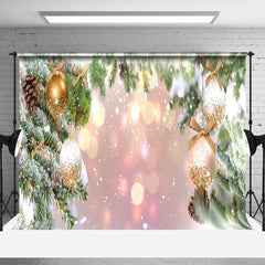 Lofaris Snowy Pine Gold Ornaments Bokeh Photo Backdrop