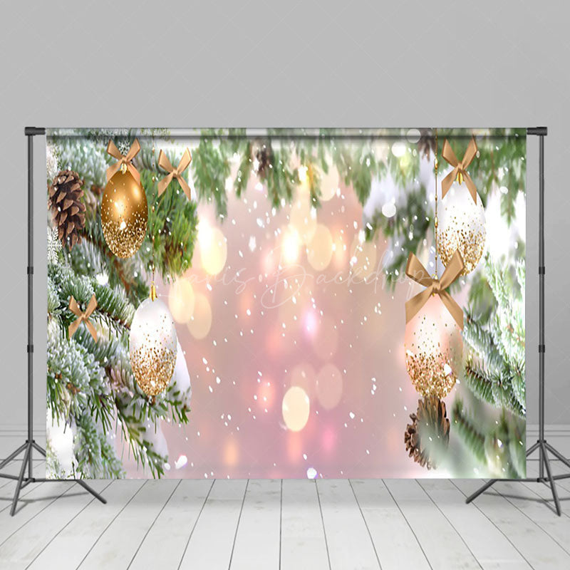 Lofaris Snowy Pine Gold Ornaments Bokeh Photo Backdrop