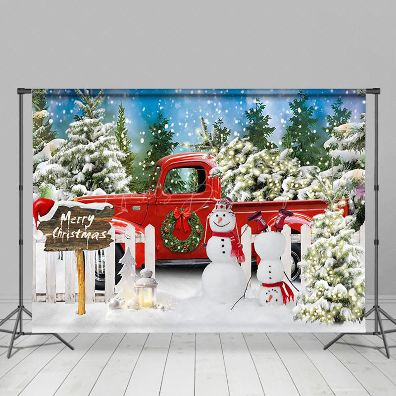 Lofaris Snowy Pine Tree Forest Red Truck Christmas Backdrop