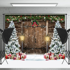 Lofaris Snowy Pine Tree Leaves Bell Wood Door Xmas Backdrop