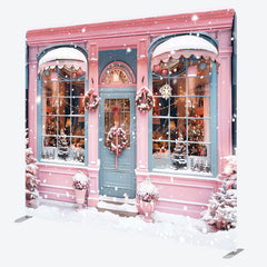 Lofaris Snowy Pink Blue House Winter Pillow Cover Backdrop