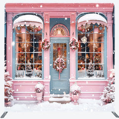 Lofaris Snowy Pink Blue House Winter Pillow Cover Backdrop