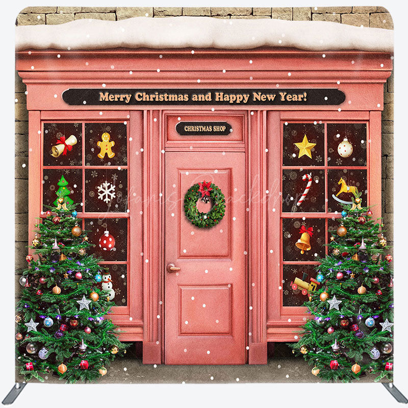 Lofaris Snowy Pink Christmas Shop Square Arch Fabric Backdrop