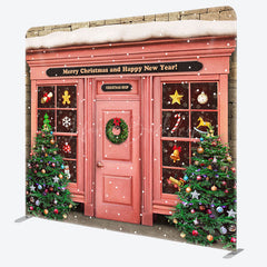 Lofaris Snowy Pink Christmas Shop Square Arch Fabric Backdrop