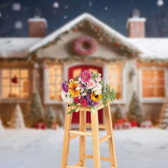 Lofaris Snowy Red Door Sweet House Tree Christmas Backdrop