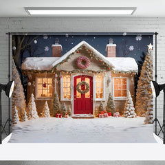 Lofaris Snowy Red Door Sweet House Tree Christmas Backdrop