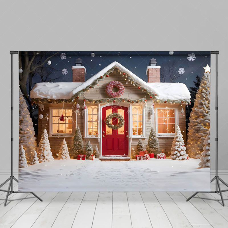 Lofaris Snowy Red Door Sweet House Tree Christmas Backdrop