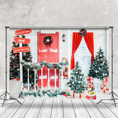 Lofaris Snowy Red White Door And Window Christmas Backdrop