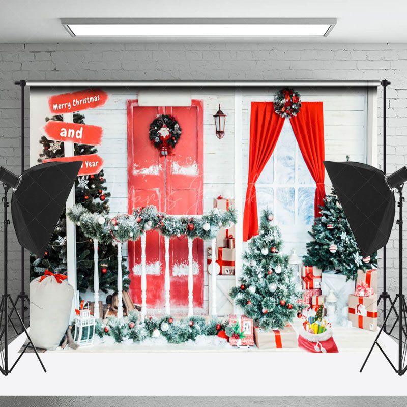 Lofaris Snowy Red White Door And Window Christmas Backdrop