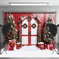 Lofaris Snowy Red Wood Barn Festive Door Christmas Backdrop