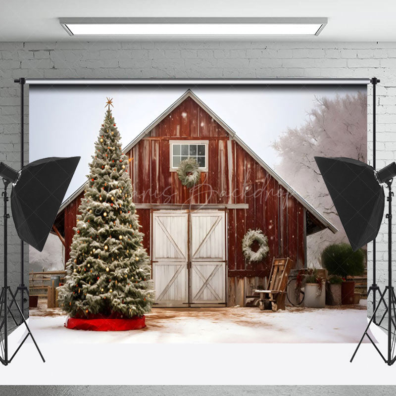 Lofaris Snowy Retro Barn Xmas Trees Christmas Vibe Backdrop