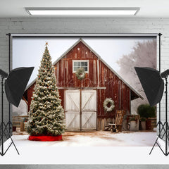 Lofaris Snowy Retro Barn Xmas Trees Christmas Vibe Backdrop