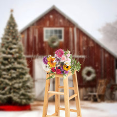 Lofaris Snowy Retro Barn Xmas Trees Christmas Vibe Backdrop