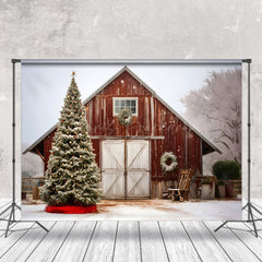 Lofaris Snowy Retro Barn Xmas Trees Christmas Vibe Backdrop