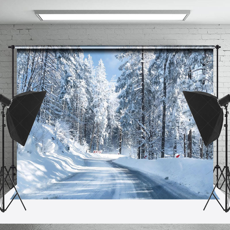 Lofaris Snowy Road Forest Winter Wonderful Scenery Backdrop