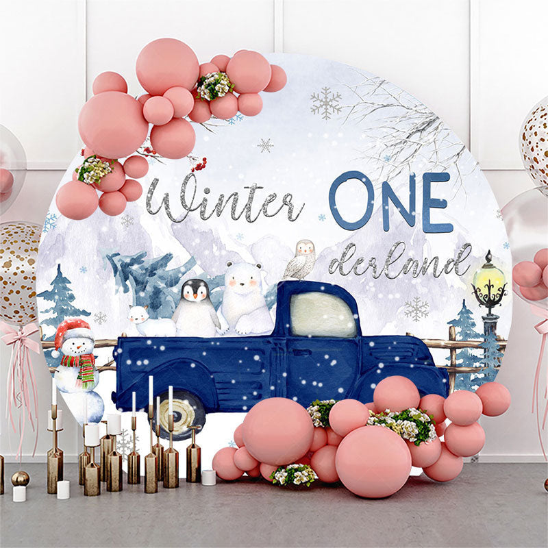 Lofaris Snowy Safari Blue Truck Round Onederland Backdrop