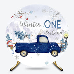 Lofaris Snowy Safari Blue Truck Round Onederland Backdrop