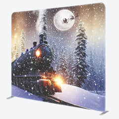 Lofaris Snowy Train Forest Christmas Tension Fabric Backdrop