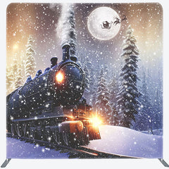 Lofaris Snowy Train Forest Christmas Tension Fabric Backdrop