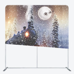 Lofaris Snowy Train Forest Christmas Tension Fabric Backdrop