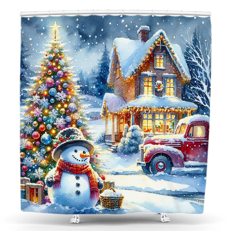 Lofaris Snowy Tree Snowman House Christmas Shower Curtain