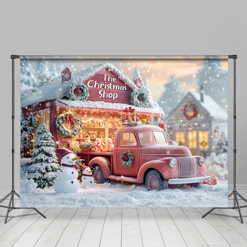 Lofaris Snowy Trees Christmas Shop Truck Snowman Backdrop