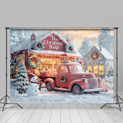 Lofaris Snowy Trees Christmas Shop Truck Snowman Backdrop