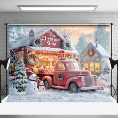 Lofaris Snowy Trees Christmas Shop Truck Snowman Backdrop