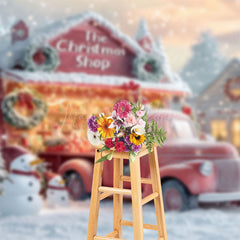 Lofaris Snowy Trees Christmas Shop Truck Snowman Backdrop