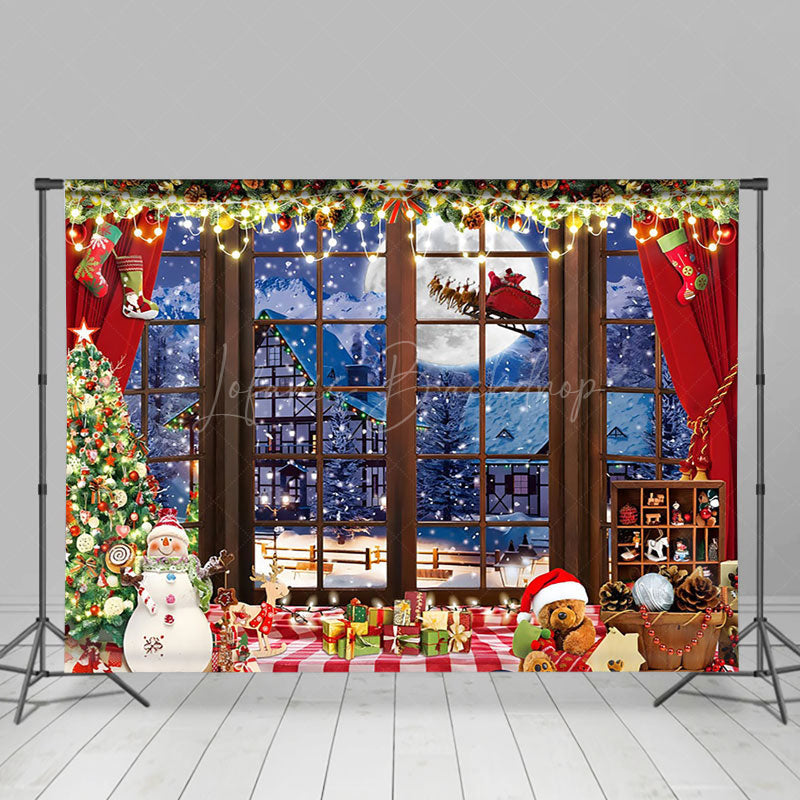 Lofaris Snowy Village Santa Window View Christmas Backdrop