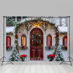 Lofaris Snowy White House Red Door Christmas Vibe Backdrop