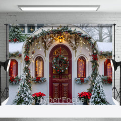 Lofaris Snowy White House Red Door Christmas Vibe Backdrop