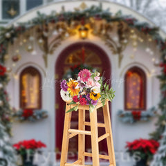 Lofaris Snowy White House Red Door Christmas Vibe Backdrop