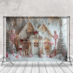 Lofaris Snowy White House Trees Candy Christmas Backdrop