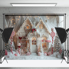 Lofaris Snowy White House Trees Candy Christmas Backdrop