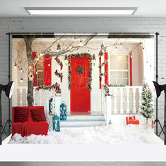 Lofaris Snowy White Red Porch Festive Christmas Backdrop