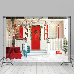 Lofaris Snowy White Red Porch Festive Christmas Backdrop