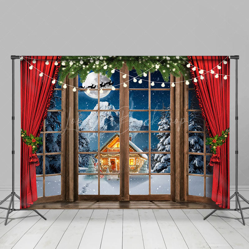 Lofaris Snowy Wild Cabin Night Red Curtain Window Backdrop