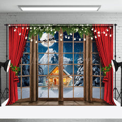 Lofaris Snowy Wild Cabin Night Red Curtain Window Backdrop