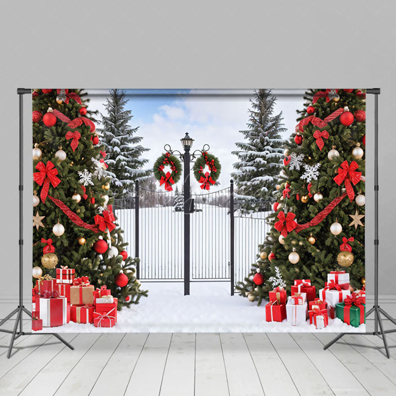 Lofaris Snowy Wild Field Gate Trees Gift Christmas Backdrop